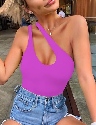 SAUNGKUAI Women's Double Lined Sexy One Shoulder Cutout Front Sleevless Thong Bodysuit Tank Tops in Saudi Arabia