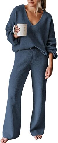 Viottiset Women's 2 Piece Outfits Casual V Neck Knit Wide Leg Sweater Lounge Set Sweatsuit in Kuwait