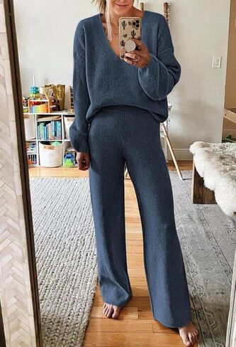 Viottiset Women's 2 Piece Outfits Casual V Neck Knit Wide Leg Sweater Lounge Set Sweatsuit in Kuwait