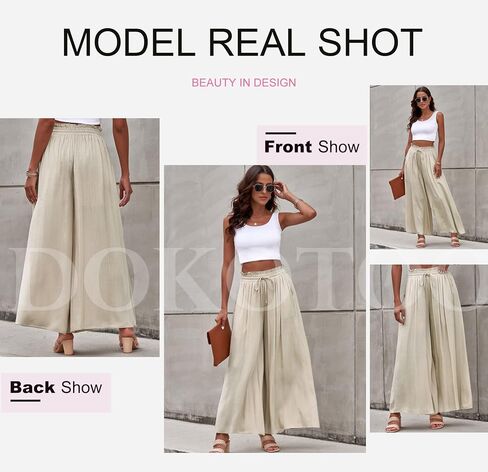 Dokotoo Pants for Women Casual Elastic Waist Wide Leg Pants with Pockets in Kuwait