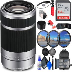 Sony E 55-210mm f/4.5-6.3 OSS Lens (Silver) (SEL55210) + Filter Kit + Backpack + 64GB Card + Card Reader + Flex Tripod + Memory Wallet + Lens Cap Keeper + Cleaning Kit + Hand Strap + More (Renewed) in Kuwait