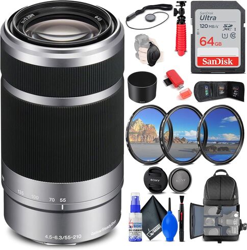 Sony E 55-210mm f/4.5-6.3 OSS Lens (Silver) (SEL55210) + Filter Kit + Backpack + 64GB Card + Card Reader + Flex Tripod + Memory Wallet + Lens Cap Keeper + Cleaning Kit + Hand Strap + More (Renewed) in Saudi Arabia