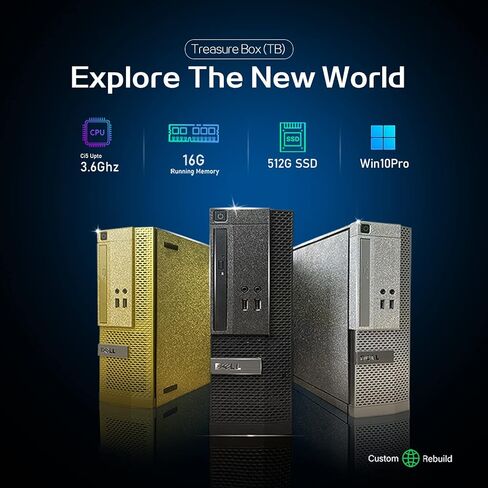 صندوق الكنز الذهبي للكمبيوتر المكتبي من ديل - Intel Quad Core i5 حتى 3.60GHz, 512GB SSD, ذاكرة 16GB وواي فاي وبلوتوث، لوحة مفاتيح وماوس، DVD، ويندوز 10 Pro 64-bit (تجديد) in Kuwait
