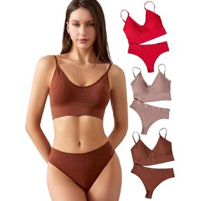 Women's 3 Pack Wireless Ribbed Knit Bra and Panty Set Matching Lingerie Set