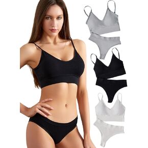 Women's 3 Pack Wireless Ribbed Knit Bra and Panty Set Matching Lingerie Set
