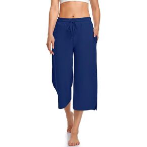 UEU Womens Capri Yoga Pants Wide Leg Drawstring Loose Comfy Lounge Pajama Capris Sweatpants with Pockets