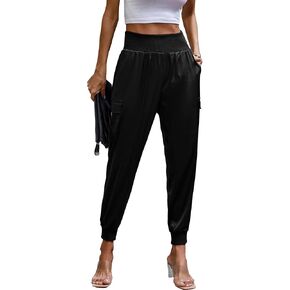 PRETTYGARDEN Women's Satin Jogger Pants Casual High Waist Long Lounge Pant Trousers with Pockets