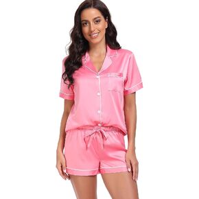 Serenedelicacy Women's Satin Pajama Set 2-Piece Sleepwear Loungewear Button Down Short Sleeve PJ Set