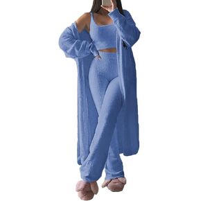 Fixmatti Women's Fuzzy 3 Piece Sweatsuit Open Front Cardigan Crop Tank Tops Wide Legs Pants Lounge Sets
