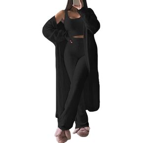 Fixmatti Women's Fuzzy 3 Piece Sweatsuit Open Front Cardigan Crop Tank Tops Wide Legs Pants Lounge Sets in Kuwait