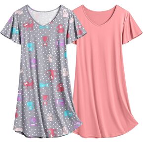Ekouaer 2 Pack Nightgowns for Women Flare Short Sleeve Sleepshirt V Neck Sleepwear Plain/Floral Print Pajama Dress in Kuwait