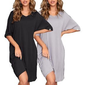 FENTENG 2-pack Women's Nightgowns Short Sleeve Nightshirt V Neck Soft Sleepwear Casual Sleepshirts Loose Pajama Dress in Kuwait