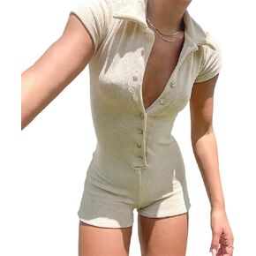 SOLILOQUY Y2K Knitted Short Jumpsuit Sexy Bodycon V-Neck Button Down Bodysuit Tank Romper Overall Pajamas