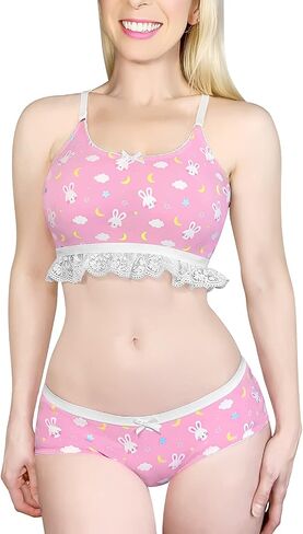 Littleforbig Lacy Trim النساء ملابس نوم حزام ملابس النوم كامي أعلى السراويل الملابس الداخلية Bralette مجموعة ملابس النوم - Snuggle Bunny in Kuwait