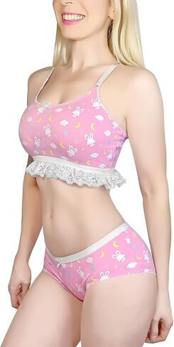 Littleforbig Lacy Trim النساء ملابس نوم حزام ملابس النوم كامي أعلى السراويل الملابس الداخلية Bralette مجموعة ملابس النوم - Snuggle Bunny in Kuwait
