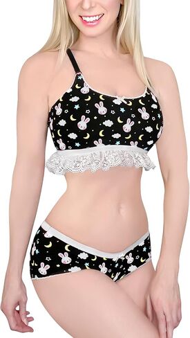 Littleforbig Lacy Trim Women Nightwear Strap Sleepwear Cami Top Shorts Lingerie Bralette Loungewear Set - Snuggle Bunny in Kuwait