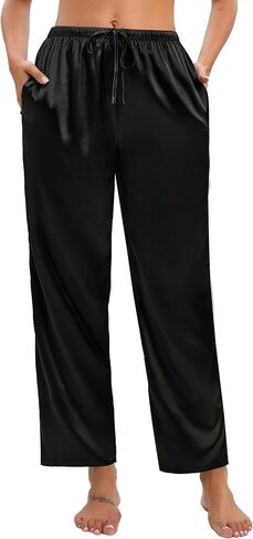 SWOMOG Women's Silk Satin Pajama Pants Soft Long Lounge Pant Drawstring Trousers Casual Sleepwear Pj Bottoms with Pockets in Kuwait