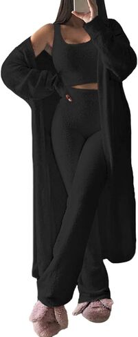 Fixmatti Women's Fuzzy 3 Piece Sweatsuit Open Front Cardigan Crop Tank Tops Wide Legs Pants Lounge Sets in Kuwait