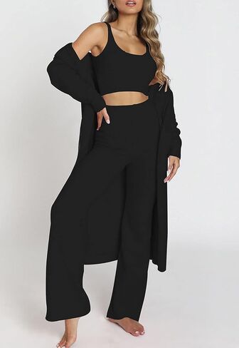 Fixmatti Women's Fuzzy 3 Piece Sweatsuit Open Front Cardigan Crop Tank Tops Wide Legs Pants Lounge Sets in Kuwait