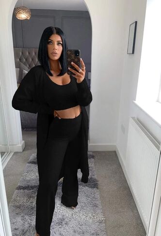 Fixmatti Women's Fuzzy 3 Piece Sweatsuit Open Front Cardigan Crop Tank Tops Wide Legs Pants Lounge Sets in Kuwait