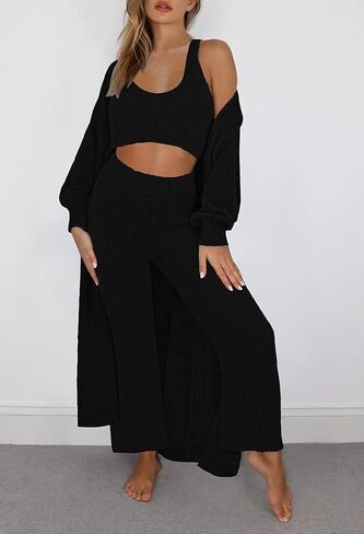 Fixmatti Women's Fuzzy 3 Piece Sweatsuit Open Front Cardigan Crop Tank Tops Wide Legs Pants Lounge Sets in Kuwait