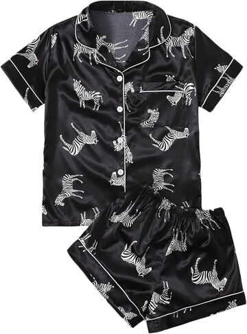 WDIRARA Women's Sleepwear Satin Short Sleeve Button Shirt and Shorts Pajama Set in Saudi Arabia