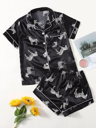 WDIRARA Women's Sleepwear Satin Short Sleeve Button Shirt and Shorts Pajama Set in Saudi Arabia