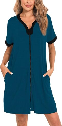 SWOMOG Women Zipper Front House Coat Short Sleeves Robe Zip up Bathrobes Short Nightgown with Pockets in Saudi Arabia