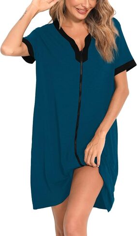 SWOMOG Women Zipper Front House Coat Short Sleeves Robe Zip up Bathrobes Short Nightgown with Pockets in Saudi Arabia