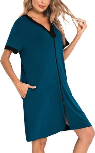 SWOMOG Women Zipper Front House Coat Short Sleeves Robe Zip up Bathrobes Short Nightgown with Pockets in Saudi Arabia