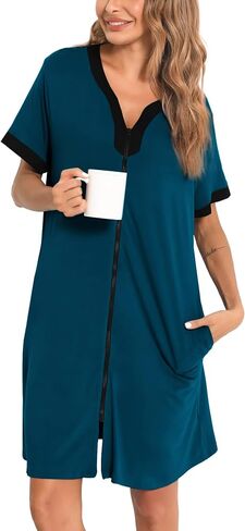 SWOMOG Women Zipper Front House Coat Short Sleeves Robe Zip up Bathrobes Short Nightgown with Pockets in Saudi Arabia