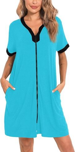 SWOMOG Women Zipper Front House Coat Short Sleeves Robe Zip up Bathrobes Short Nightgown with Pockets in Saudi Arabia