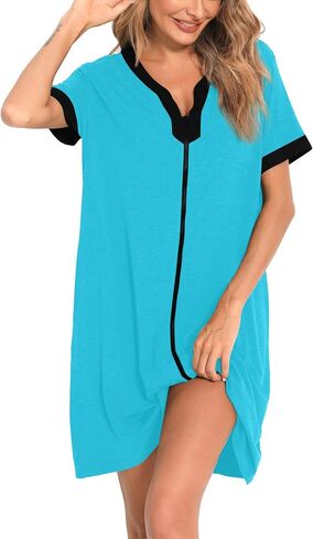 SWOMOG Women Zipper Front House Coat Short Sleeves Robe Zip up Bathrobes Short Nightgown with Pockets in Saudi Arabia