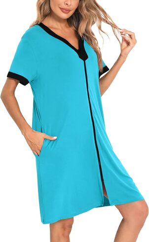 SWOMOG Women Zipper Front House Coat Short Sleeves Robe Zip up Bathrobes Short Nightgown with Pockets in Saudi Arabia