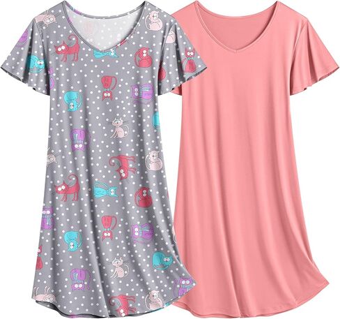 Ekouaer 2 Pack Nightgowns for Women Flare Short Sleeve Sleepshirt V Neck Sleepwear Plain/Floral Print Pajama Dress in Kuwait