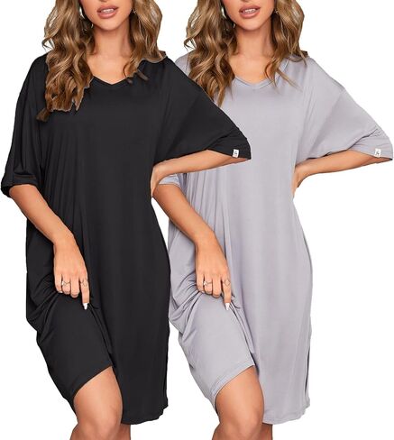 FENTENG 2-pack Women's Nightgowns Short Sleeve Nightshirt V Neck Soft Sleepwear Casual Sleepshirts Loose Pajama Dress in Kuwait