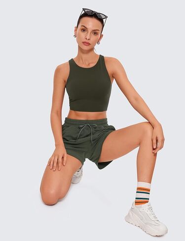 CRZ YOGA Womens Butterluxe Racerback High Neck Longline Sports Bra - Padded Workout Crop Tank Tops with Built in Shelf Bra in Saudi Arabia