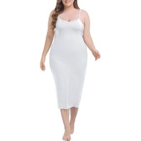 Vlazom Women's Plus Size Full Slip Dresses Adjustable Spaghetti Strap Under Dresses Long Nightgown V-Neck Cami Dress