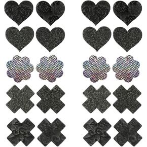 أغطية حلمات IKAXON Glitters Pasties، ملصقات حلمات متعددة التصميم للاستعمال مرة واحدة، مقاومة للماء (أسود) in Kuwait