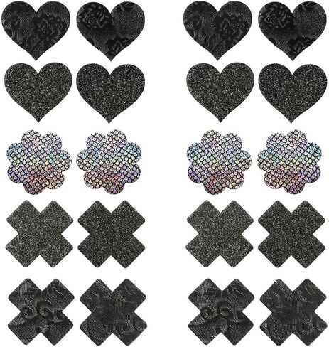 أغطية حلمات IKAXON Glitters Pasties، ملصقات حلمات متعددة التصميم للاستعمال مرة واحدة، مقاومة للماء (أسود) in Kuwait