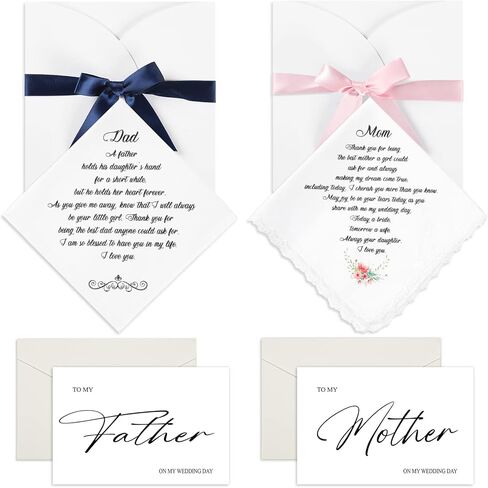 Sherr 2 Sets Wedding Handkerchiefs Mother of the Bride, Father of the Bride Gifts from Daughter Son, to My Dad, to My Mom on My Wedding Day Card Set Keepsake Hankie Wedding Gifts for Parents in Kuwait