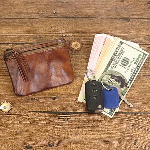 1PCS Leather Coin Pouch Double Zipper Leather Coin Purse Leather Coin Purse for Women Holds Folded Bills and Coins (Black) in Kuwait