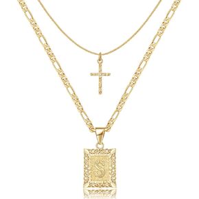 KELORIS PATH Gold Layered Initial Cross Necklace, 14K Gold Plated Layering Square Letter Pendant Figaro Chain Cross Choker from A-Z Capital Jewelry for Women Girls