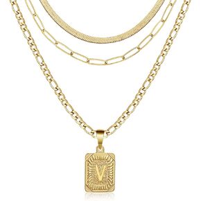 Honsny Gold Initial Necklaces for Women, Dainty 18K Gold Plated Layering Square Letter Pendant Figaro Chain Snake Choker Necklace Set Simple Layered Gold Necklaces for Women Girls Jewelry Gifts