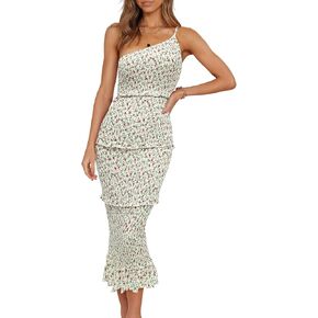 PRETTYGARDEN Women's Summer Midi Bodycon Dresses One Shoulder Strappy Tiered Ruffle Floral Boho Sun Dress in Kuwait