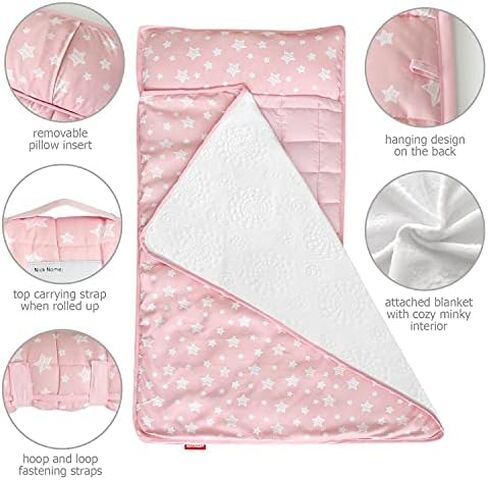 Moonsea Toddler Nap Mat with Removable Pillow and Fleece Minky Blanket Grey, Lightweight and Soft Fit for Toddlers Preschool, Daycare, Travel Sleeping Bag for Girls, 21" x 50" Fit on a Standard Cot in Saudi Arabia