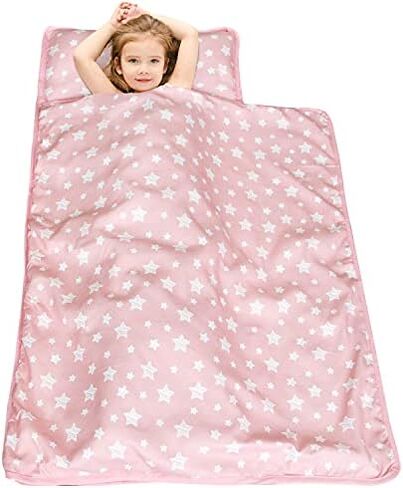 Moonsea Toddler Nap Mat with Removable Pillow and Fleece Minky Blanket Grey, Lightweight and Soft Fit for Toddlers Preschool, Daycare, Travel Sleeping Bag for Girls, 21" x 50" Fit on a Standard Cot in Saudi Arabia