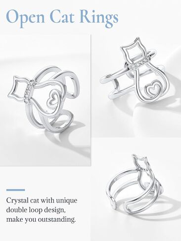 SILVERCUTE خاتم المرأة القطة 925 فضة 18K مطلية بالذهب القط على القمر لطيف التفاف الدائري قابل للتعديل in Kuwait