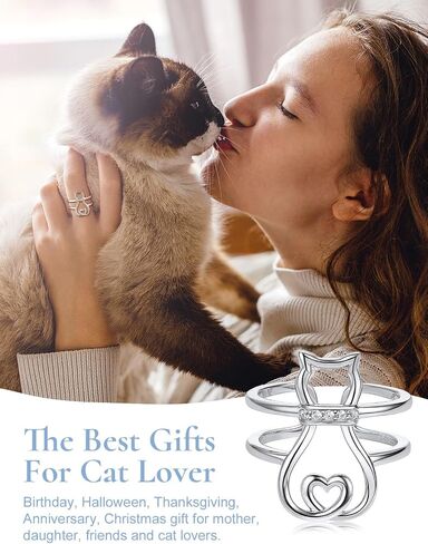 SILVERCUTE خاتم المرأة القطة 925 فضة 18K مطلية بالذهب القط على القمر لطيف التفاف الدائري قابل للتعديل in Kuwait