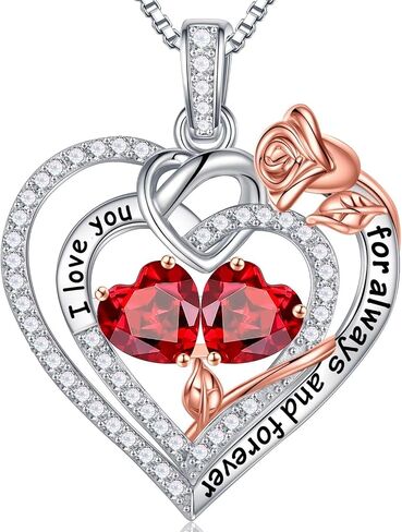 Iefil Rose Heart Birthstone Necklace Gifts for Women, 925 Sterling Silver Birthstone Jewelry Mothers Day Birthday Gifts for Women Anniversary Christmas Gifts for Her Mom Daughter Wife Girlfriend in Kuwait
